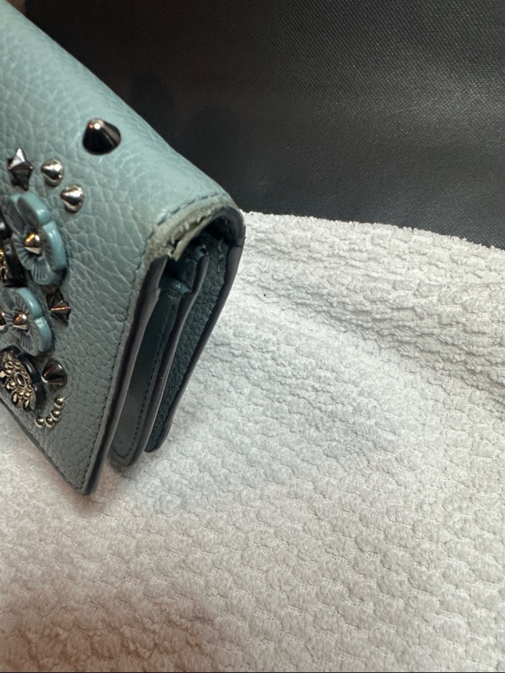Coach Tea Rose Floral Studded Leather Wallet - Aqua Blue - Picture 14 of 16